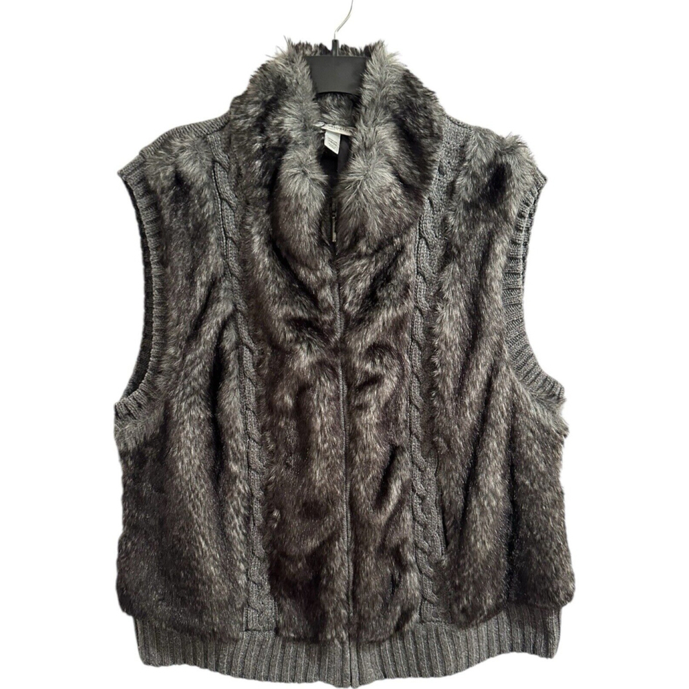 Dress Barn Faux Fur Cable Knit Vest Zip Front Women’s Sz 18 -20 Ski Heavyweight